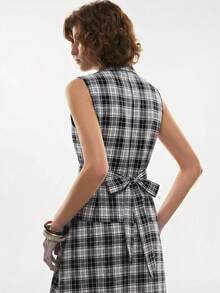 Poéselle Casual Plaid Front Button Sleeveless Top, Summer Blouse For Women Casual Modern Zip Up Top - Black and White - View 2