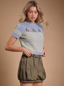 WESTFADE Áo len dệt kim cổ tròn tay phồng họa tiết sọc in hoa dễ thương, dễ mặc, dễ phối đồ mùa thu, mùa thu, mùa đông, trang phục thường ngày dễ thương theo phong cách Boho, trang phục phương Tây, hòa nhạc đồng quê - Màu xanh lam - Xem 5