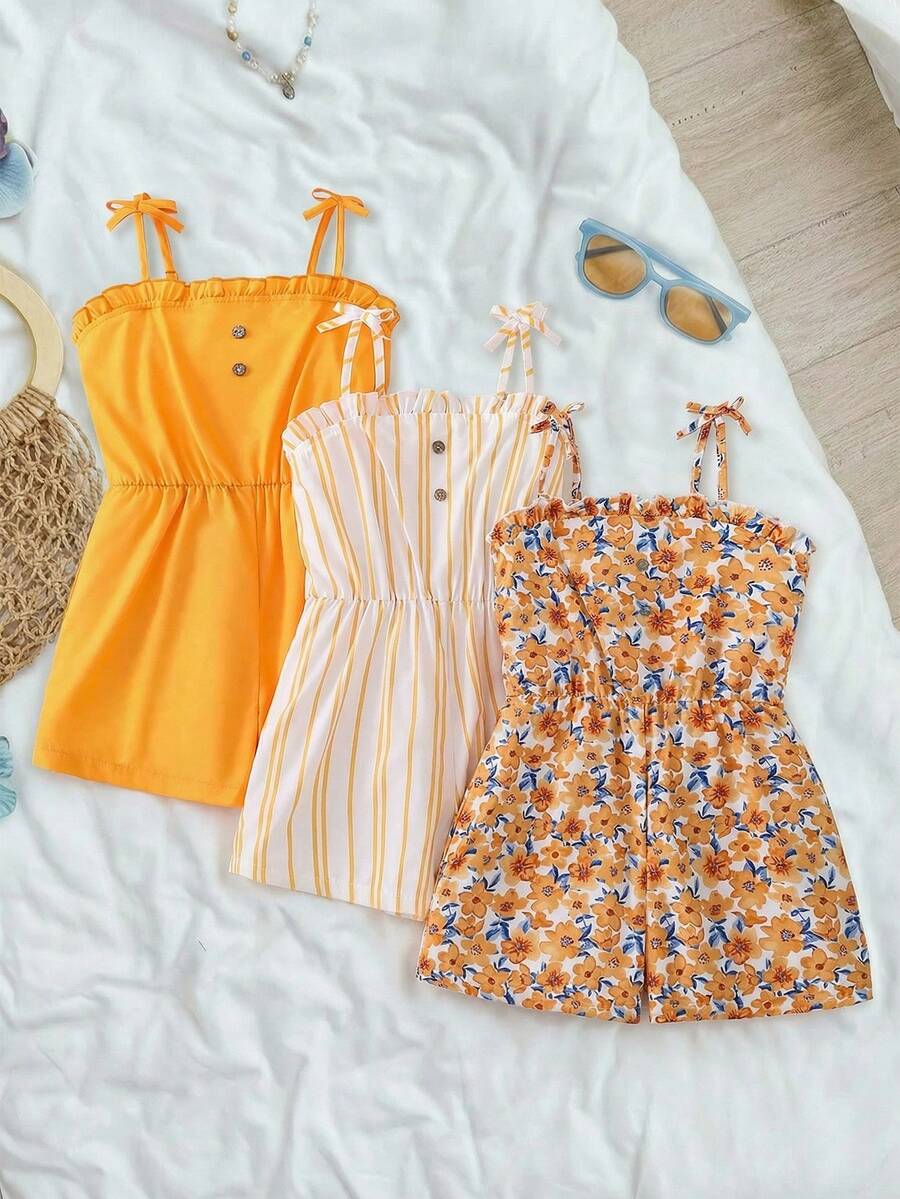 SHEIN Genkimix Kids 三件套少女休闲夏季服装：黄色碎花连体衣、条纹多色连体衣、橙色连体衣。适合多子女家庭、海滩度假、户外玩耍和上学穿着。包含柔软的蓝白格子樱桃图案连体衣、条纹连体衣。 - 彩色 - 查看 1