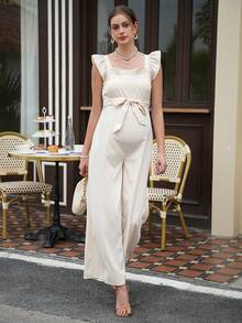 Momance 荷叶边装饰孕妇连体裤，细肩带，蝴蝶结腰带，侧拉链，直筒裤型，纹理面料 - 米色 - 查看 3