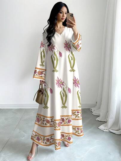 SHEIN Najma Floral Print Long Dress For Women, V-Neck Long Sleeve Maxi Dress, Elegant Gown, Floral Pattern Light Apricot Dress, Spring/Summer