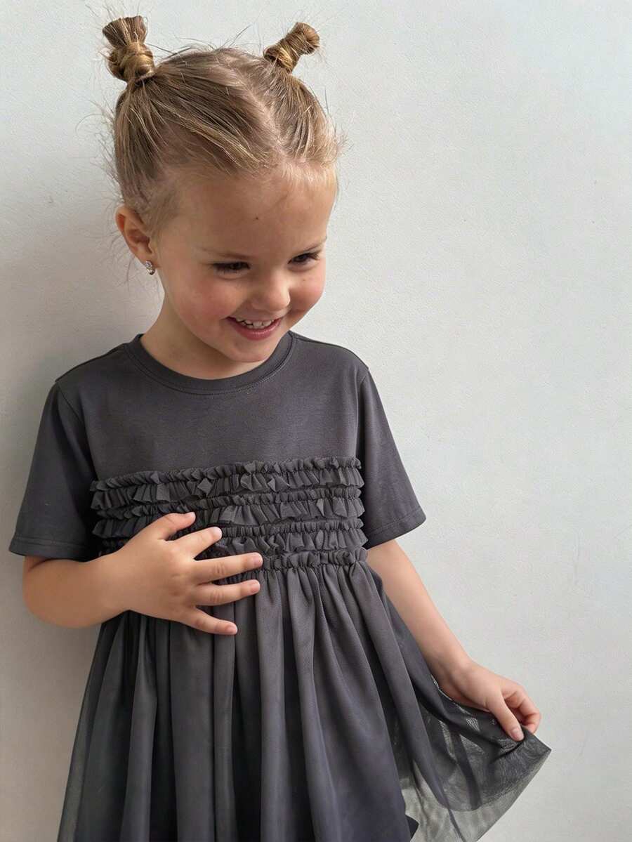 DAZY Tween Girl Solid Color Round Neck Short Sleeve Frill Trim Loose Cute T-Shirt Summer - Grey - View 1