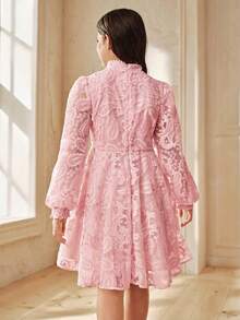 Anewsta Robe élégante à ligne A en dentelle 3D pour filles, convient pour les banquets, les anniversaires et autres occasions pour enfants, printemps/été - Rose bonbon - Voir 3