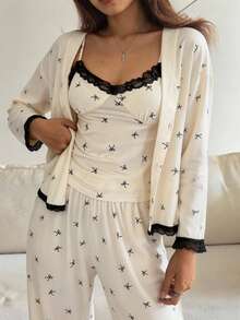 DAZY 3pcs/Set Bow Allover Print Colorblock Lace Patchwork Camisole Top & Robe And Pants Sleepwear Pajama Set, Spring, Fall Winter Clothes - White - View 4