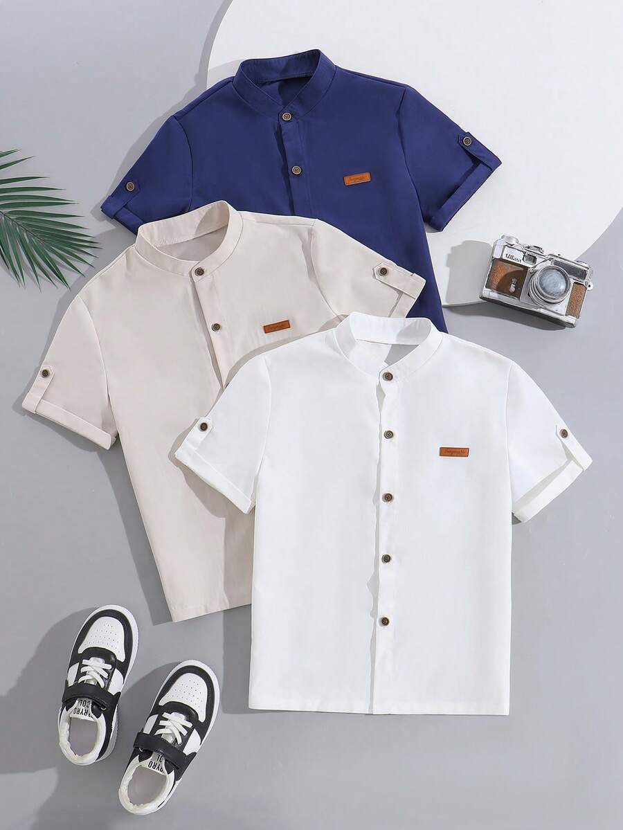SHEIN Bộ 3 áo sơ mi cổ bẻ nhiều màu sắc dành cho bé trai, thích hợp mặc hàng ngày, đi làm, đi nghỉ mát, chất liệu tối giản, thoải mái. - Nhiều màu - Xem 1
