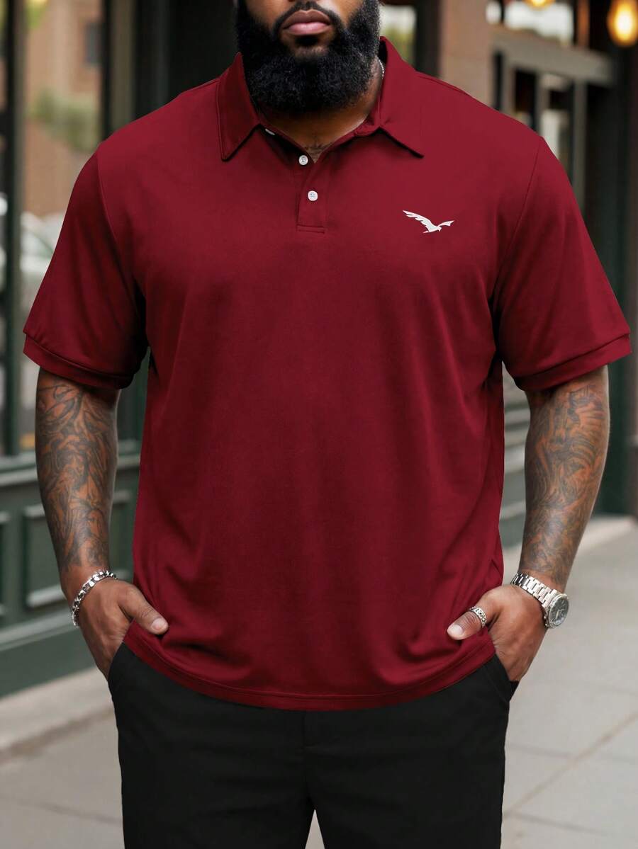 Manfinity Homme Kemeja Polo Lengan Pendek Kasual Kancing Tunggal Ukuran Besar Pria, Musim Panas - Burgundy - View 1