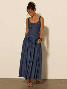 COSMINA Đầm denim dài không tay cổ chữ V sâu, xếp ly, thanh lịch dành cho nữ, đa năng cho đi làm, công sở, dạo phố, thắt eo, thích hợp cho đầu xuân. - Rửa tối - Xem 3