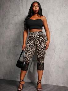 SHEIN SXY Bộ đồ 2 mảnh mới dành cho nữ cỡ lớn mùa xuân/hè: Quần lửng 7/8 cạp chun co giãn họa tiết da báo viền ren, và quần lửng 7/8 màu đen viền ren. - màu đen - Xem 6