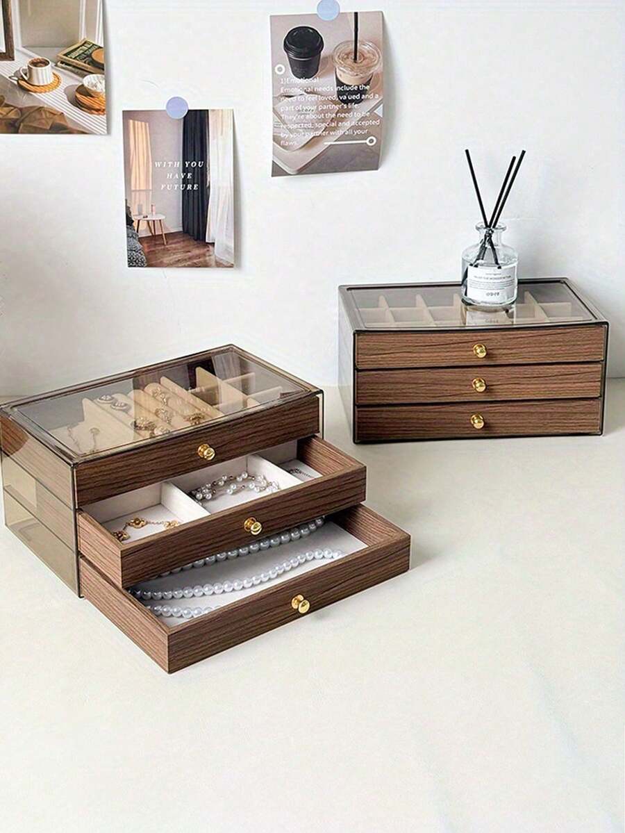 Hộp đựng trang sức 3 tầng bằng acrylic màu óc chó, kiểu dáng cổ điển nhỏ gọn, thích hợp làm quà tặng cho phòng ngủ, bàn trang điểm, tủ quần áo, quà sinh nhật, đám cưới, kỷ niệm cho phụ nữ và bé gái, giải pháp lưu trữ trang trí nhà cửa.