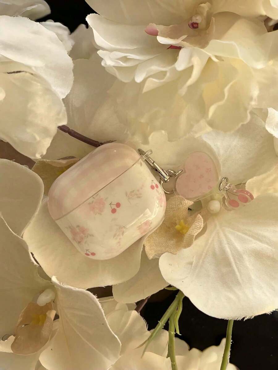 时尚花卉樱桃格纹骷髅糖果图案手机壳，兼容苹果Pro 2/3/4代，配有心形挂绳钥匙扣。硬质PC保护壳。 - 淺粉色 - 查看 1