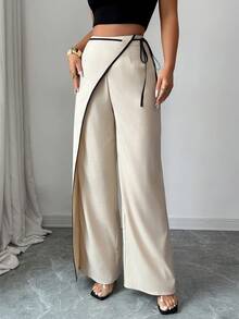 Elenzga Tall Elegant Apricot Color-Blocking Wide-Leg Women's Suit Pants - Apricot - View 5