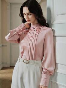Anewsta 2026 Spring New Elegant French Style Casual Women Hollow Out Embroidery Blouse - Pink - View 8
