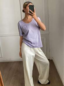 Livesso Women's Casual Knit T-Shirt And Pants Set, Summer Home Outfit - Purple - View 8