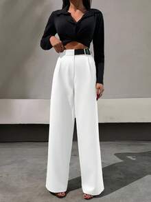EURMUSE 优雅风格，半仿皮革腰带细节直筒裤 - 白色 - 查看 6