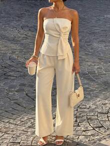 Firerie 女士优雅浪漫约会/婚礼季/日常度假两件套，杏色无肩带修身上衣，饰有超大蝴蝶结，搭配阔腿裤 - 杏色 - 查看 3