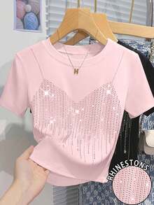 Resyla 女士上衣，钻石压纹，星空亮片高腰修身短款时尚粉色圆领短袖性感T恤，2026夏季新款女式T恤，女友闺蜜送的礼物 - 淺粉色 - 查看 1