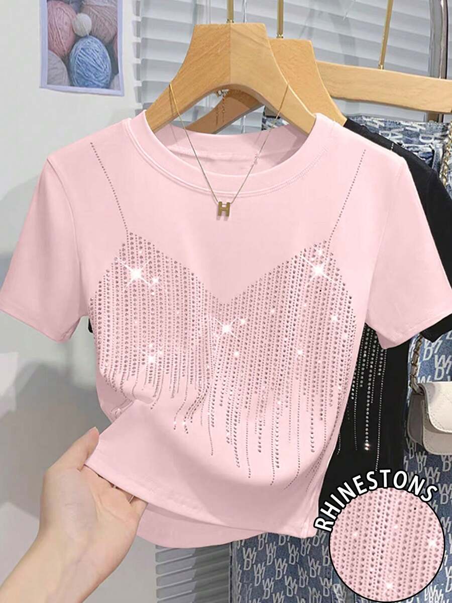 Resyla 女士上衣，钻石压纹，星空亮片高腰修身短款时尚粉色圆领短袖性感T恤，2026夏季新款女式T恤，女友闺蜜送的礼物 - 淺粉色 - 查看 1