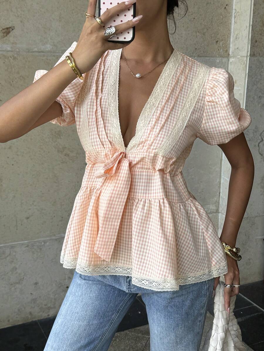 Pariaura 女士格子V领荷叶边花瓣袖衬衫 - 珊瑚粉 - 查看 1