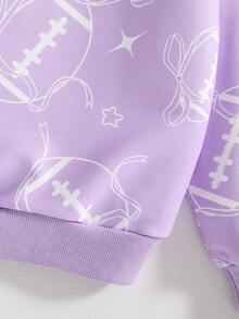 Tween Girl Bow Print Round Neck Drop Shoulder Casual Sweatshirt, Autumn/Winter - Purple - View 3