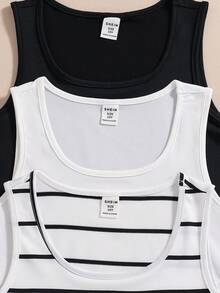 Tween Girls Casual Versatile All-Match Minimalist Black & White Striped 3 Pieces Set (Top) - Multicolor - View 5