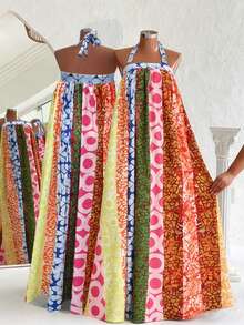 VaVaBold 2026新款女士彩色条纹撞色印花长款吊带连衣裙，超宽下摆，花卉图案夏季吊带裙，沙滩长裙，适合度假和休闲海滩穿着，领口可系带 - 彩色 - 查看 1