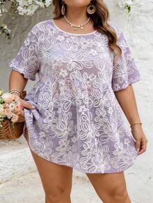 SHEIN CURVE+ Áo sơ mi nữ dáng rộng thêu họa tiết, cỡ US22, thích hợp cho lễ hội âm nhạc, kỳ nghỉ biển, phong cách Bohemia, áo sơ mi búp bê thêu, kỳ nghỉ bãi biển, kỳ nghỉ ven biển. - Hồng - Xem 4