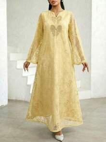 Al Najma Vestido feminino elegante com mangas flare em renda e detalhe de laço, estilo árabe. - Amarelo - Ver 6