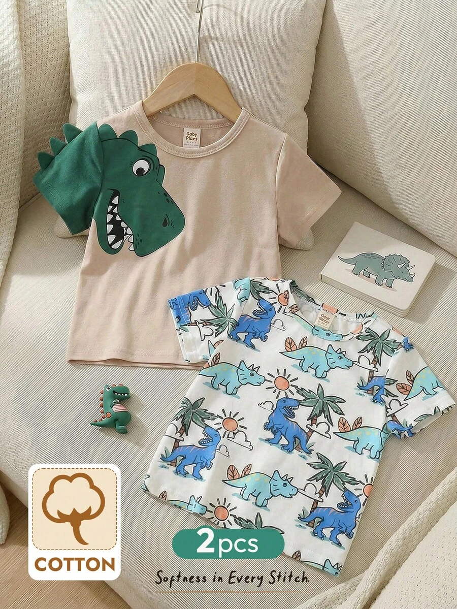 Cozy Pixies 2件套男婴卡通恐龙图案针织柔软圆领短袖套头衫套装 - 卡其色 - 查看 1