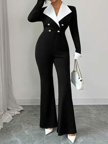 Elenzga Bộ jumpsuit dài tay dáng ôm, ống loe, phối màu, hai hàng cúc, cỡ lớn, thanh lịch, dành cho người có vóc dáng đầy đặn. - màu đen - Xem 3
