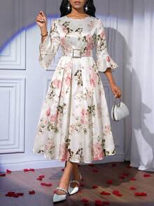 SHEIN Lady Đầm midi nữ thanh lịch in hoa, tay loe xếp ly, thích hợp dự tiệc. - Nhiều màu - Xem 8
