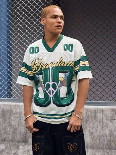 EVRINFINITE 男士字母印花V领短袖休闲T恤