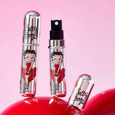 Betty Boop x SHEIN Chai xịt 5ml/0.2oz màu bạc, có thể đổ đầy, bơm tự động ở đáy, chai nước hoa tái sử dụng, chai mỹ phẩm mini cầm tay có cửa sổ, thích hợp mang theo khi đi du lịch và lên máy bay, phù hợp cho nữ, màu anh đào, dễ thương, ý tưởng quà tặng, tiệc tùng, ngày lễ, Ngày Valentine.