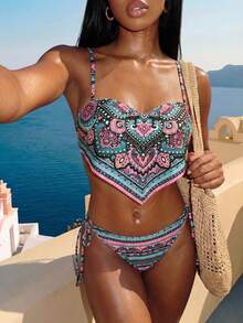 Vaytide Conjunto de bikini estampado con estilo de resort de playa de verano con aros de sostén con push up - Multicolor - Ver 2