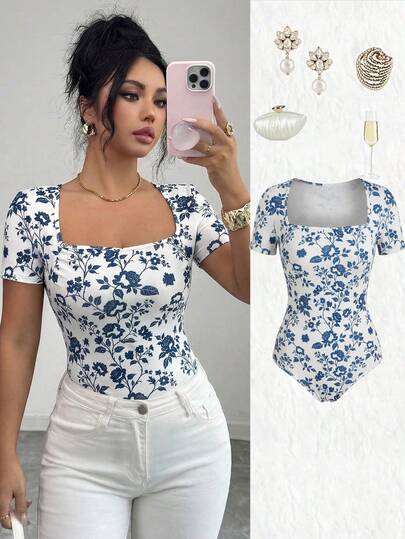 Elenzga Women's Summer New Casual Vacation Blue Ditsy Floral Bodysuit
