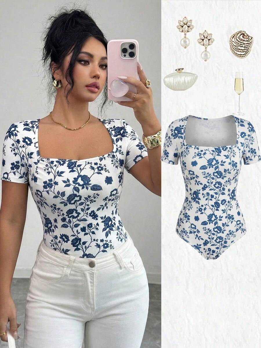 Elenzga 女士复古蓝白碎花方领连体衣，女士短袖休闲日常上衣，夏季穿着 - 藍白色 - 查看 1