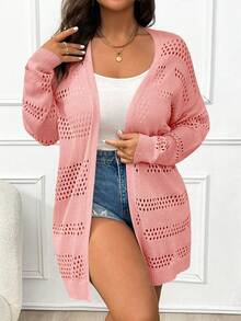 Elenzga Plus Size Women Solid Color Casual Versatile Long Sleeve Cardigan Fall - Baby Pink - View 3