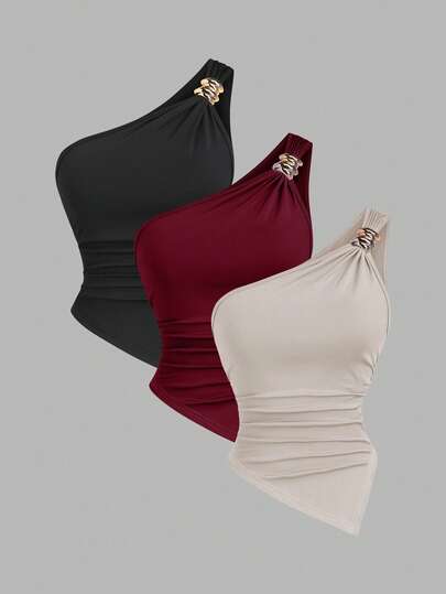 Sweetra Blusa de unicolor minimalista con cuello asimétrico y hebilla de metal para mujer