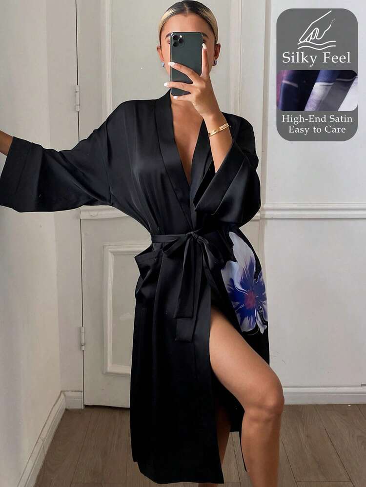 Floral Pattern Loose Oblique Collar With Belt Spring Women Sleepwear Robe Jacket