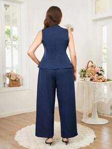 SHEIN Clasi Bộ đồ công sở thanh lịch cỡ lớn, màu trơn gồm áo vest và quần, 2 món, thích hợp cho mùa hè. - Màu xanh lam - Xem 10