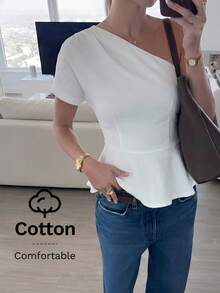 Firerie 女士优雅通勤不对称腰部露肩100%纯棉衬衫 - 白色 - 查看 3