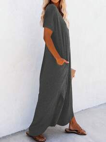 EMERY ROSE Đầm tay ngắn viền tròn màu trơn đơn giản cho nữ, mùa hè - Xám - Xem 5