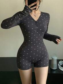 DAZY 女士修身连体衣，蝴蝶结印花，V领长袖，适合春夏秋三季穿着，女士家居服套装 - 黑色 - 查看 5