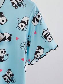 Girls' Minimalist Cute Panda Print Short Sleeve Long Nightgown Pajama Set, White & Pink - Blue - View 6