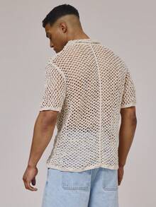 Musero Camicia a polo con bottoni e lavorazione a maglia traforata, a maniche corte, essenziale per la primavera/estate, ideale per vacanze e spiaggia - Albicocca - Visualizzare 4