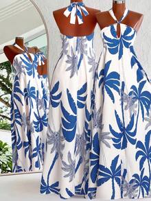 DreamSkyne Vestido de flores con cuello de halter para vacaciones en tallas grandes - Neblina azul - Ver 1