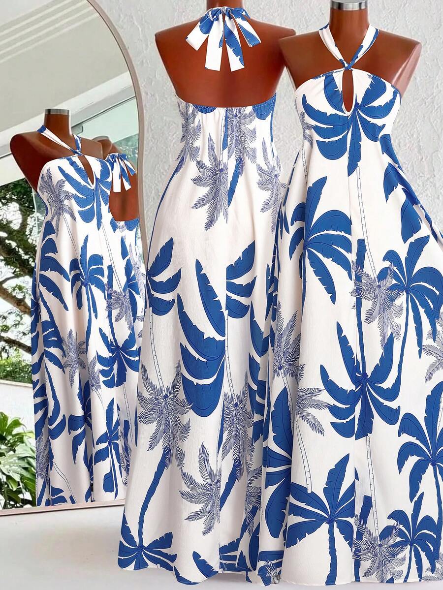 DreamSkyne Vestido de flores con cuello de halter para vacaciones en tallas grandes - Neblina azul - Ver 1