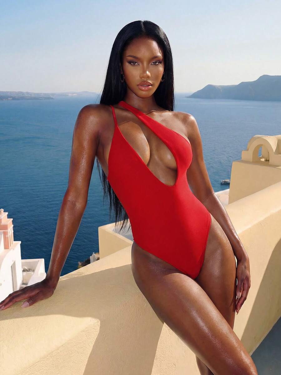 Vaytide 2025 Đồ bơi một mảnh hở lưng gợi cảm màu trơn cho nữ mùa hè - Đỏ - Xem 1