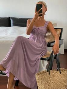 Women's Romantic Mesh Lace Splicing Ruched Design Slip Nightgown Pajama - Purple - View 3