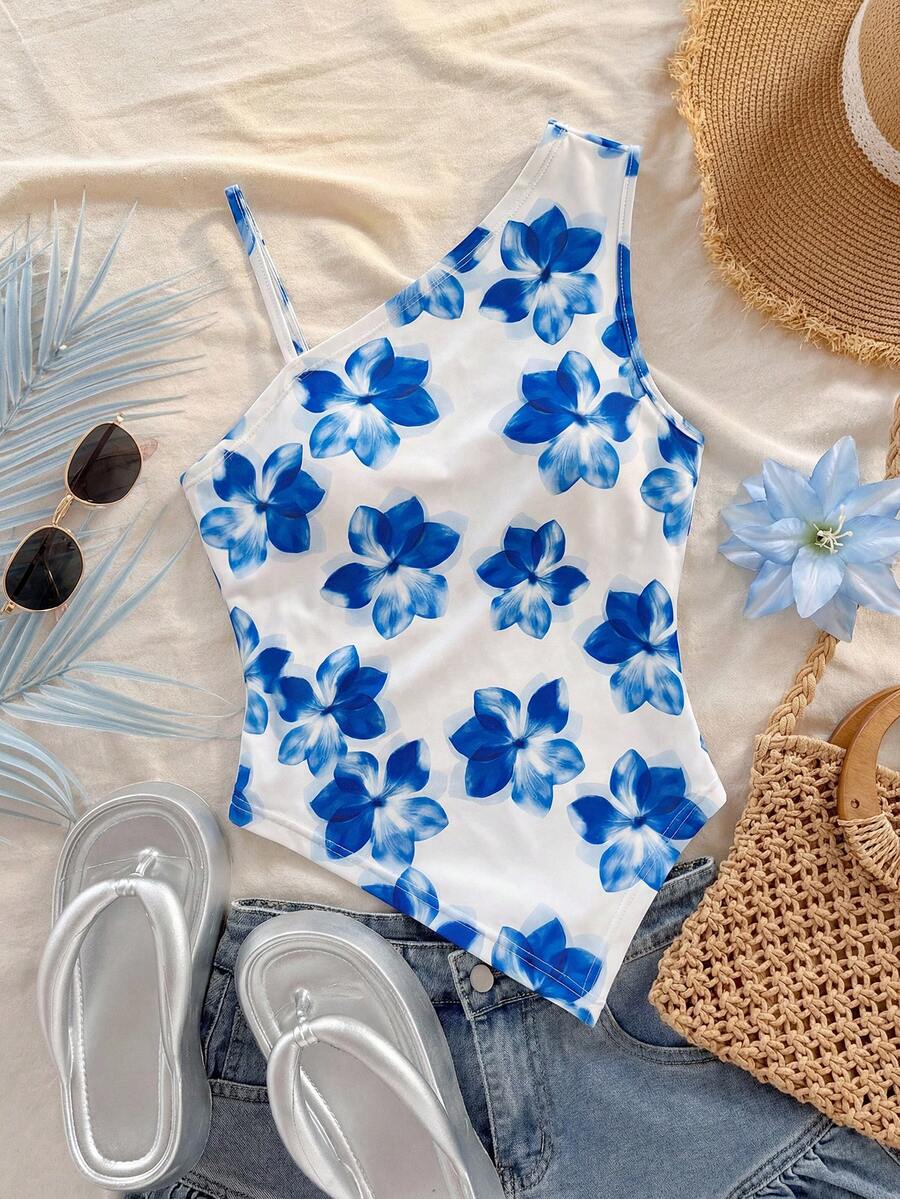 SHEIN Sparklyn 少女休闲个性吊带背心,黑白面料,不对称吊带下摆,适合旅行、度假、散步、外出,可搭配裤子、短裤、裙子、外套。 - 藍色 - 查看 1