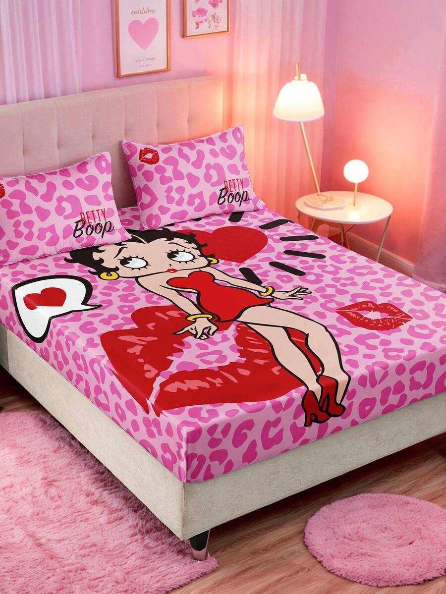Betty Boop x SHEIN 三件套床垫，粉色卡通图案，卡通人物装饰，豹纹图案，适合房间装饰，超细纤维材质，可机洗，四季皆宜 - 粉色 - 查看 1